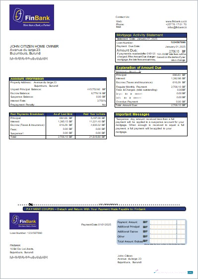 Download Burundi Finbank bank mortgage statement scr Photoshop template